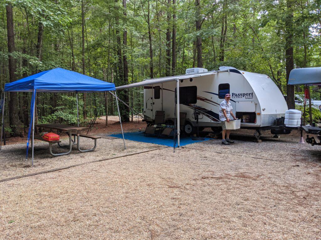 Travel trailer in campsite