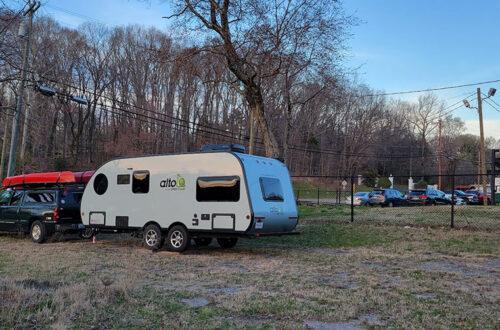 Our camper parked outside of Reynolds Brewery in Eden NC.