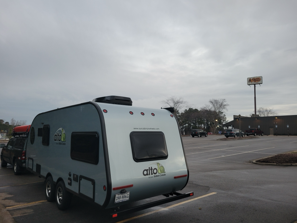 Camper parked at the Cracker Barrel in Henderson, NC